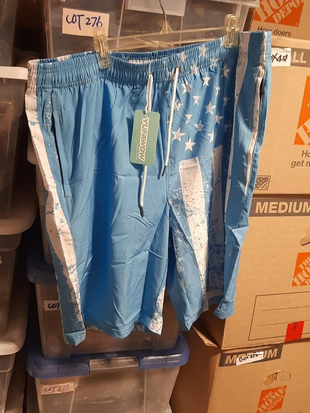 NEW TAG ! Men Yufawow America Flag Swim Trunk Light Blue XL